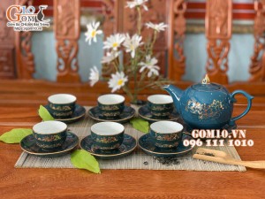 Bộ ấm chén dáng bưởi  họa tiết hoa Sen vẽ vàng 450ml