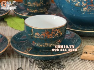 Bộ ấm chén dáng bưởi  họa tiết hoa Sen vẽ vàng 450ml