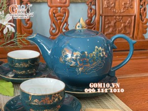 Bộ ấm chén dáng bưởi  họa tiết hoa Sen vẽ vàng 450ml