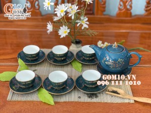 Bộ ấm chén dáng bưởi  họa tiết hoa Sen vẽ vàng 450ml