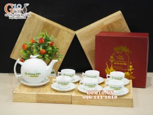 Bộ ấm chén dáng bưởi cành men trắng - in logo