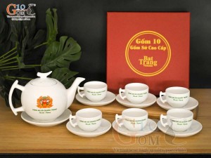 Bộ ấm chén dáng bưởi cành men trắng - in logo