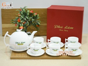 Bộ ấm chén dáng bưởi cành men trắng - in logo