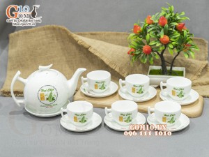 Bộ ấm chén dáng bưởi cành men trắng - in logo