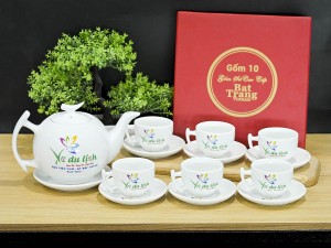 Bộ ấm chén dáng bưởi cành men trắng - in logo
