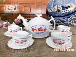 Bộ ấm chén dáng bưởi cành men trắng - in logo