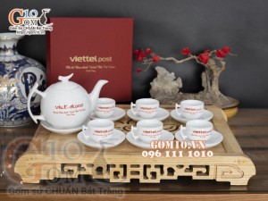 Bộ ấm chén dáng bưởi cành men trắng - in logo