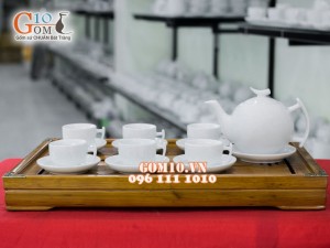Bộ ấm chén dáng bưởi cành men trắng 600ml