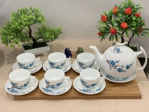 Bộ ấm chén dáng bưởi cành men trắng hoa đào xanh, 600ml