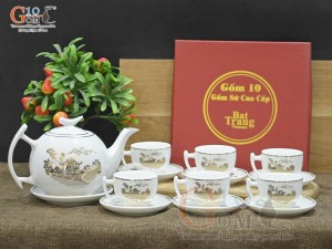 Bộ ấm chén dáng bưởi cành men trắng họa tiết Chùa Một Cột vàng kim, 600ml