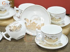 Bộ ấm chén dáng bưởi cành men trắng họa tiết Chùa Một Cột vàng kim, 600ml