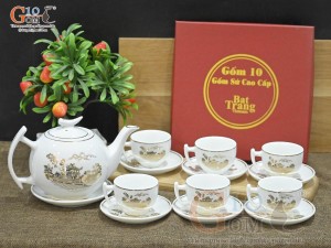 Bộ ấm chén dáng bưởi cành men trắng họa tiết Chùa Một Cột vàng kim, 600ml