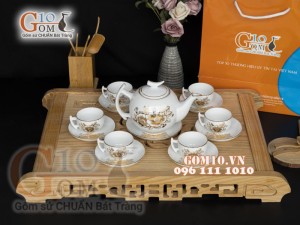 Bộ ấm chén dáng bưởi cành men trắng họa tiết hoa Cúc vẽ Vàng, 500ml