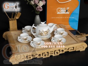 Bộ ấm chén dáng bưởi cành men trắng họa tiết hoa Cúc vẽ Vàng, 500ml