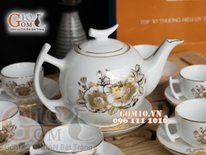 Bộ ấm chén dáng bưởi cành men trắng họa tiết hoa Cúc vẽ Vàng, 500ml