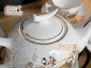 Bộ ấm chén dáng bưởi cành men trắng họa tiết hoa Cúc vẽ Vàng, 500ml