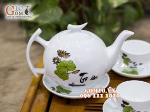 Bộ ấm chén dáng bưởi cành men trắng tri ân, 600ml