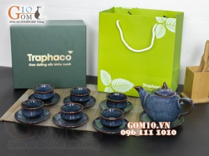 Bộ ấm chén dáng bưởi men hỏa biến, in logo