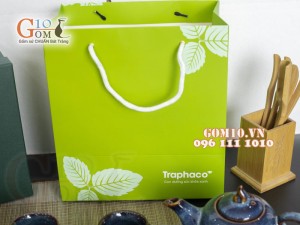 Bộ ấm chén dáng bưởi men hỏa biến, in logo