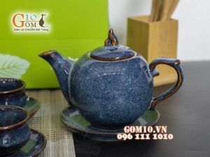 Bộ ấm chén dáng bưởi men hỏa biến, in logo