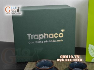 Bộ ấm chén dáng bưởi men hỏa biến, in logo