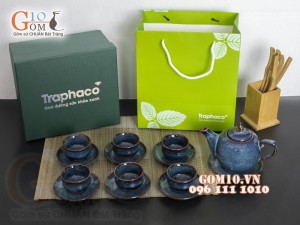 Bộ ấm chén dáng bưởi men hỏa biến, in logo