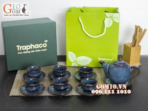 Bộ ấm chén dáng bưởi men hỏa biến, in logo