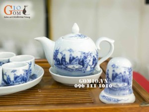 Bộ ấm chén dáng bưởi, men lam cổ, cảnh trúc lâm thất hiền, đủ phụ kiện