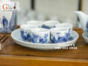 Bộ ấm chén dáng bưởi, men lam cổ, cảnh trúc lâm thất hiền, đủ phụ kiện