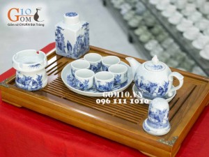Bộ ấm chén dáng bưởi, men lam cổ, cảnh trúc lâm thất hiền, đủ phụ kiện