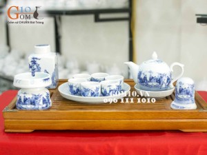 Bộ ấm chén dáng bưởi, men lam cổ, cảnh trúc lâm thất hiền, đủ phụ kiện