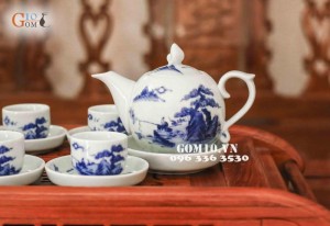 Bộ ấm chén dáng bưởi men lam vẽ cảnh Lã Vọng câu cá