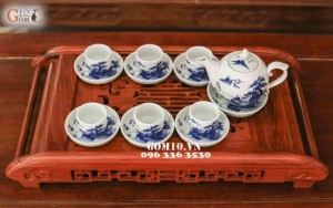 Bộ ấm chén dáng bưởi men lam vẽ cảnh Lã Vọng câu cá