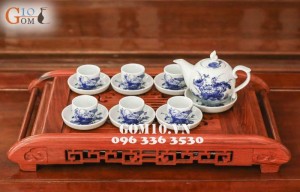 Bộ ấm chén dáng bưởi men lam vẽ sen