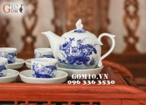 Bộ ấm chén dáng bưởi men lam vẽ sen