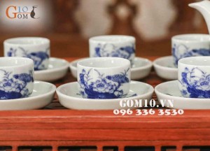 Bộ ấm chén dáng bưởi men lam vẽ sen