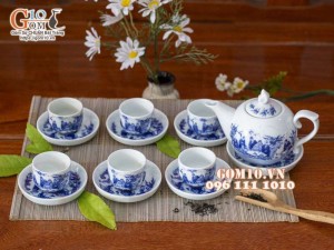 Bộ ấm chén dáng bưởi men lam vẽ trúc lâm thất hiền 350ml