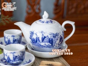 Bộ ấm chén dáng bưởi men lam vẽ trúc lâm thất hiền 350ml