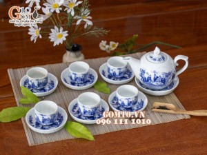 Bộ ấm chén dáng bưởi men lam vẽ trúc lâm thất hiền 350ml