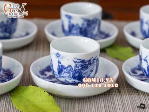 Bộ ấm chén dáng bưởi men lam vẽ trúc lâm thất hiền 350ml