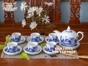 Bộ ấm chén dáng bưởi men lam vẽ trúc lâm thất hiền 350ml