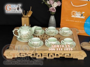 Bộ ấm chén dáng bưởi men ngọc họa tiết hoa Sen vẽ Vàng, 500ml