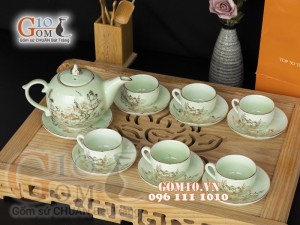 Bộ ấm chén dáng bưởi men ngọc họa tiết hoa Sen vẽ Vàng, 500ml