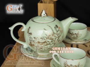 Bộ ấm chén dáng bưởi men ngọc họa tiết hoa Sen vẽ Vàng, 500ml