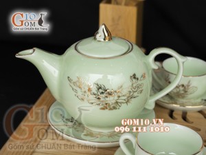 Bộ ấm chén dáng bưởi men ngọc họa tiết hoa Sen vẽ Vàng, 500ml
