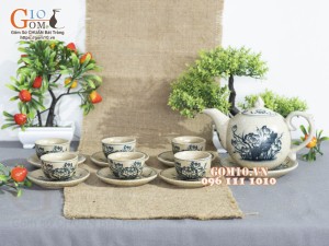 Bộ ấm chén dáng bưởi men rạn cổ họa tiết hoa Sen, 350ml