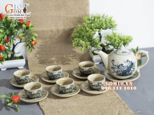 Bộ ấm chén dáng bưởi men rạn cổ họa tiết hoa Sen, 350ml