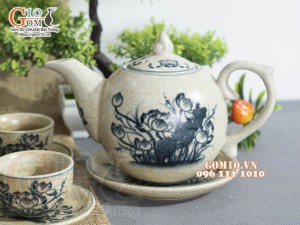 Bộ ấm chén dáng bưởi men rạn cổ họa tiết hoa Sen, 350ml