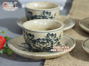 Bộ ấm chén dáng bưởi men rạn cổ họa tiết hoa Sen, 350ml
