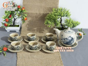 Bộ ấm chén dáng bưởi men rạn cổ họa tiết hoa Sen, 350ml